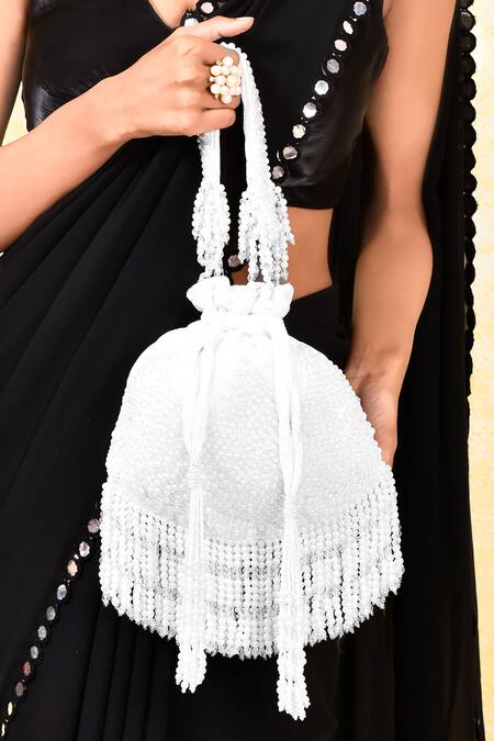 Buy House Of Webhin White Beads, Pearls And Embroidered Potli Buy_House Of Webhin_White Beads, Pearls And Embroidered Potli