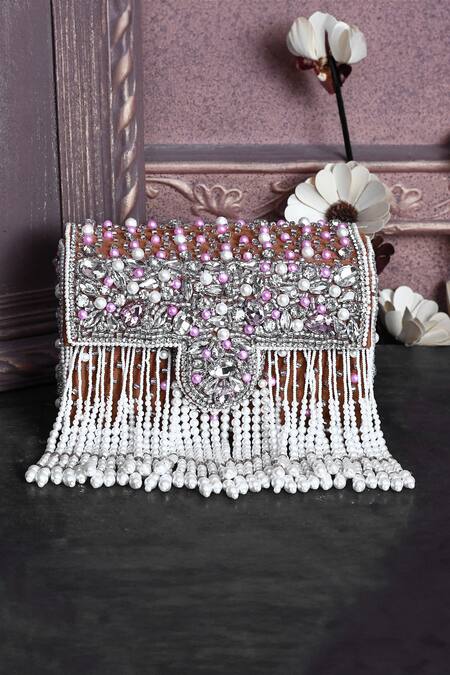 Shop_House Of Webhin_Brown Pearls, Beads Embellished Box Clutch _at_Aza_Fashions