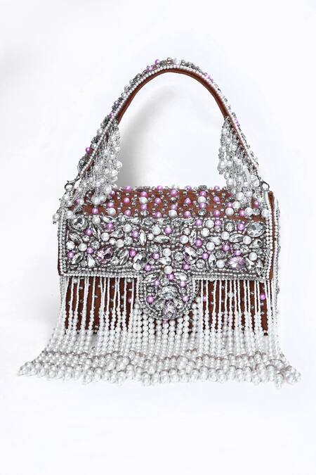 House Of Webhin_Brown Pearls, Beads Embellished Box Clutch _Online_at_Aza_Fashions