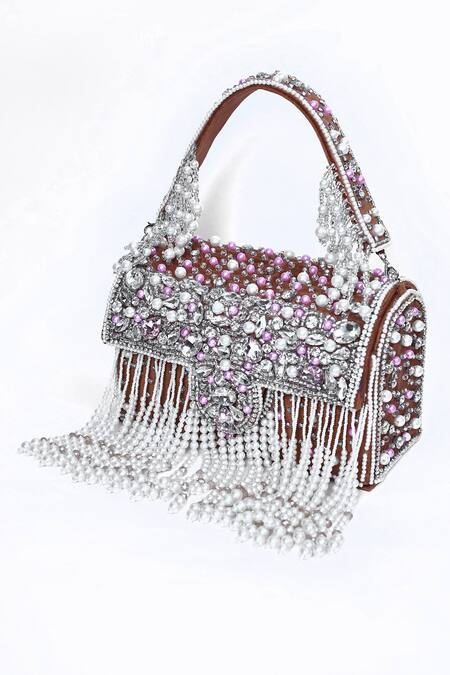 Buy_House Of Webhin_Brown Pearls, Beads Embellished Box Clutch _Online_at_Aza_Fashions