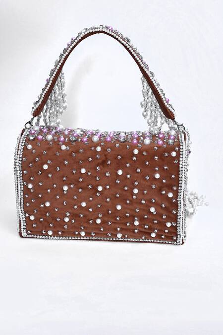 Shop_House Of Webhin_Brown Pearls, Beads Embellished Box Clutch _Online_at_Aza_Fashions