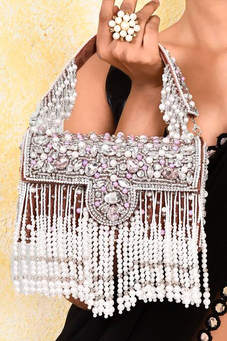 House Of Webhin Brown Pearls, Beads Embellished Box Clutch at Aza Fashions House Of Webhin_Brown Pearls, Beads Embellished Box Clutch _at_Aza_Fashions