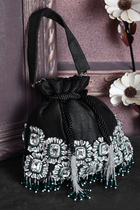 Shop_House Of Webhin_Black Stones, Pearls Embellished Potli _at_Aza_Fashions