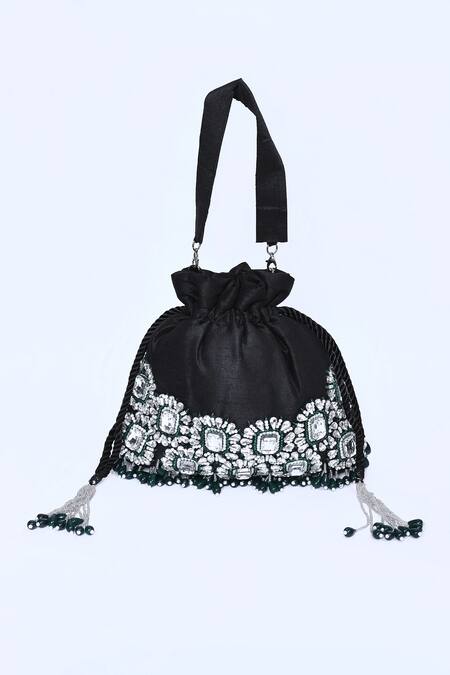 House Of Webhin_Black Stones, Pearls Embellished Potli _Online_at_Aza_Fashions