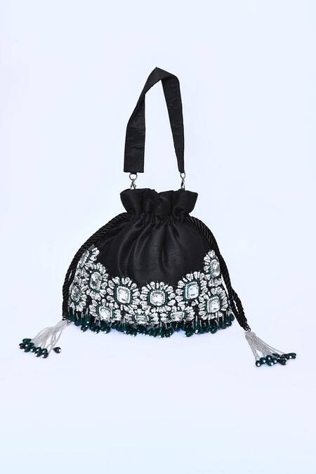 Shop_House Of Webhin_Black Stones, Pearls Embellished Potli _Online_at_Aza_Fashions