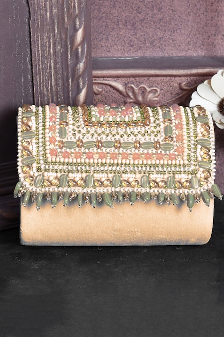 Shop_House Of Webhin_Beige Stones, Gota Patti Kundan Embellished Clutch _at_Aza_Fashions