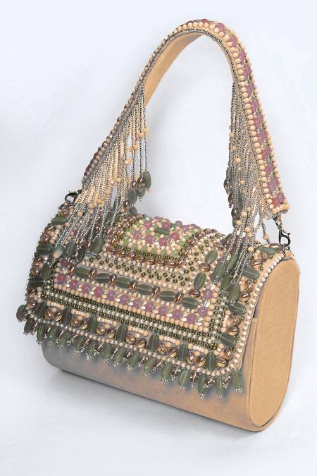 House Of Webhin_Beige Stones, Gota Patti Kundan Embellished Clutch _Online_at_Aza_Fashions