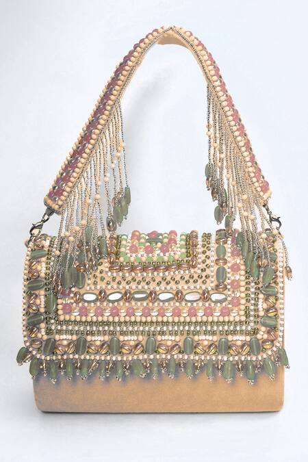 Shop_House Of Webhin_Beige Stones, Gota Patti Kundan Embellished Clutch _Online_at_Aza_Fashions