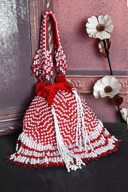 Shop_House Of Webhin_Red Crystals, Pearls Embellished Potli _at_Aza_Fashions