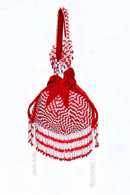 House Of Webhin_Red Crystals, Pearls Embellished Potli _Online_at_Aza_Fashions