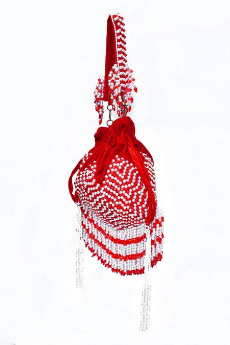 Buy_House Of Webhin_Red Crystals, Pearls Embellished Potli _Online_at_Aza_Fashions