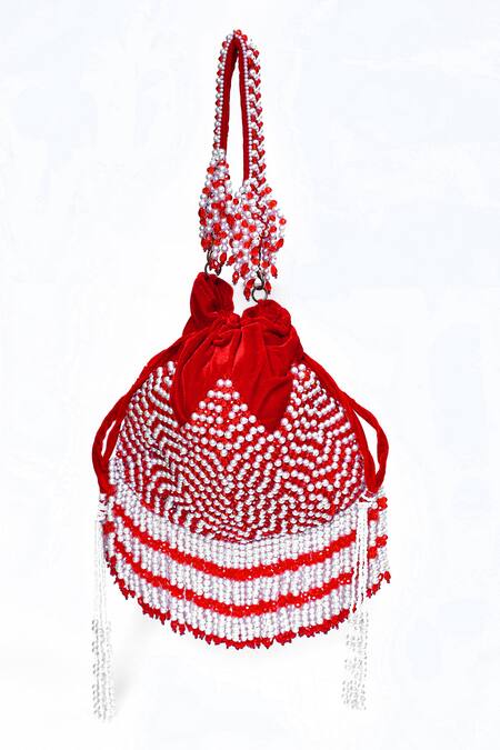 Shop_House Of Webhin_Red Crystals, Pearls Embellished Potli _Online_at_Aza_Fashions