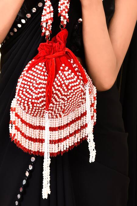 House Of Webhin Red Crystals, Pearls Embellished Potli at Aza Fashions House Of Webhin_Red Crystals, Pearls Embellished Potli _at_Aza_Fashions