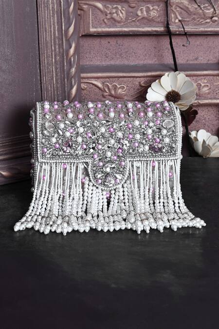 Shop_House Of Webhin_Beige Pearls, Beads And Embellished Box Clutch _at_Aza_Fashions