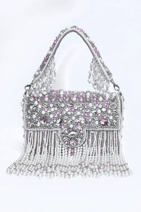 House Of Webhin_Beige Pearls, Beads And Embellished Box Clutch _Online_at_Aza_Fashions