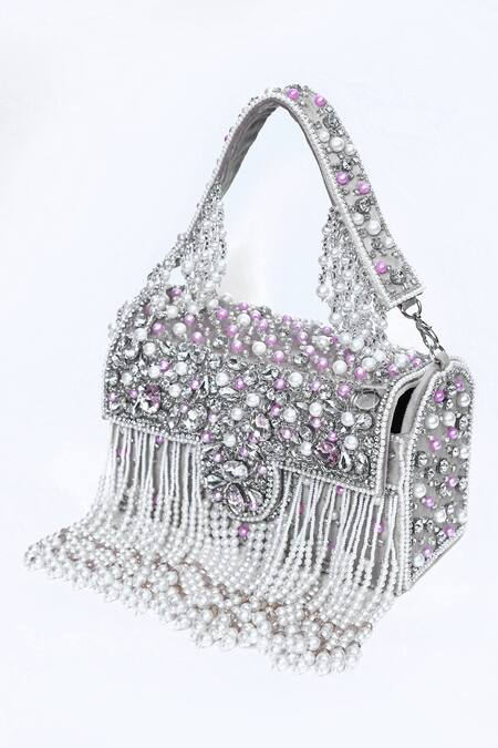 Buy_House Of Webhin_Beige Pearls, Beads And Embellished Box Clutch _Online_at_Aza_Fashions