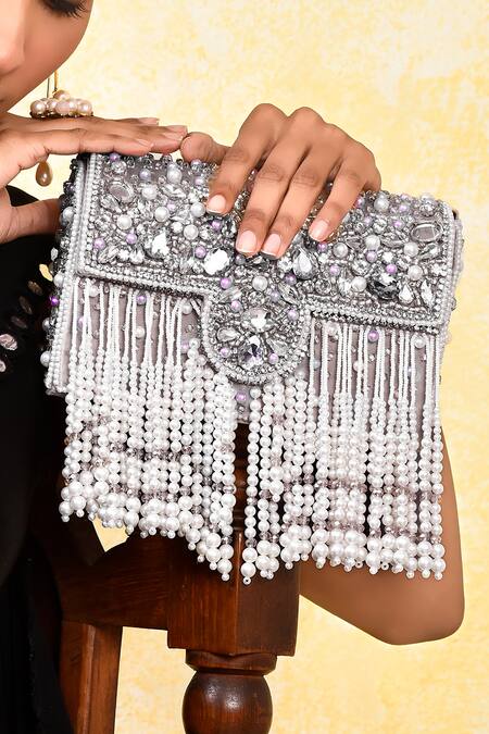 House Of Webhin Beige Pearls, Beads And Embellished Box Clutch at Aza Fashions House Of Webhin_Beige Pearls, Beads And Embellished Box Clutch _at_Aza_Fashions