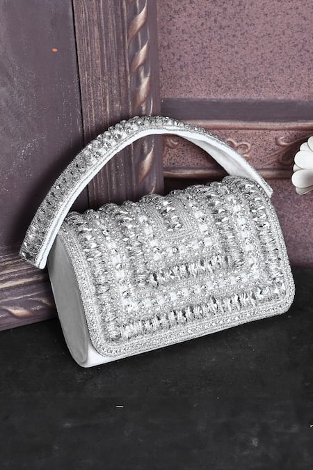 Shop_House Of Webhin_White Rhinestones Embellished Flap Clutch Bag _at_Aza_Fashions