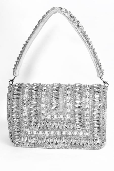 House Of Webhin_White Rhinestones Embellished Flap Clutch Bag _Online_at_Aza_Fashions