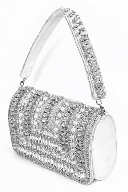 Buy_House Of Webhin_White Rhinestones Embellished Flap Clutch Bag _Online_at_Aza_Fashions