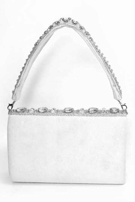 Shop_House Of Webhin_White Rhinestones Embellished Flap Clutch Bag _Online_at_Aza_Fashions