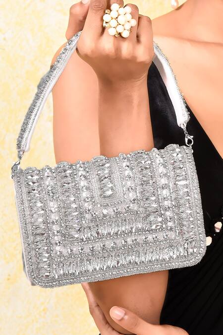 House Of Webhin White Rhinestones Embellished Flap Clutch Bag at Aza Fashions House Of Webhin_White Rhinestones Embellished Flap Clutch Bag _at_Aza_Fashions