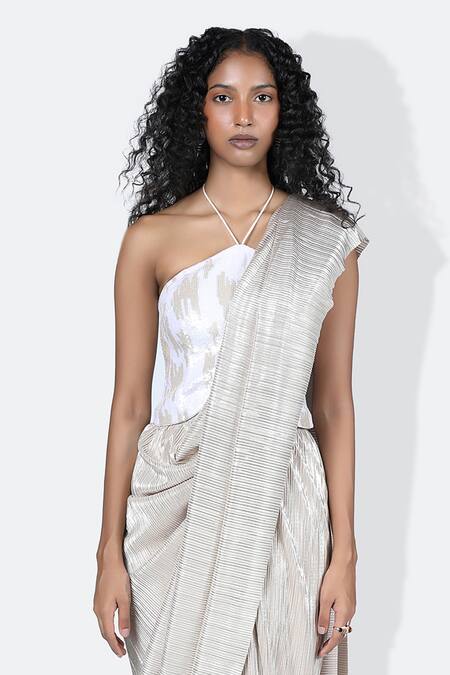 Buy_431-88 By Shweta Kapur_Beige Silk Sequins Halter Neck Claire Ray Embellished Blouse_Online_at_Aza_Fashions