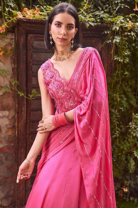 Label Rsd Pink Mesh Hand Embroidered Bugle Beads V Neck Hot Saree Gown Online at Aza Fashions Label Rsd_Pink Mesh Hand Embroidered Bugle Beads V Neck Hot Saree Gown_Online_at_Aza_Fashions
