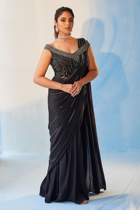 Label RSD Black Sequins Hand Embroidered Saree Gown 