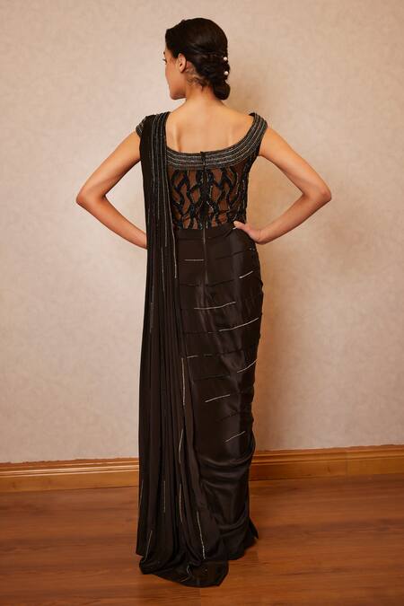 Shop Label Rsd Black Mesh Hand Embroidered Sequins Off Shoulder Saree Gown at Aza Fashions Shop_Label Rsd_Black Mesh Hand Embroidered Sequins Off Shoulder Saree Gown_at_Aza_Fashions