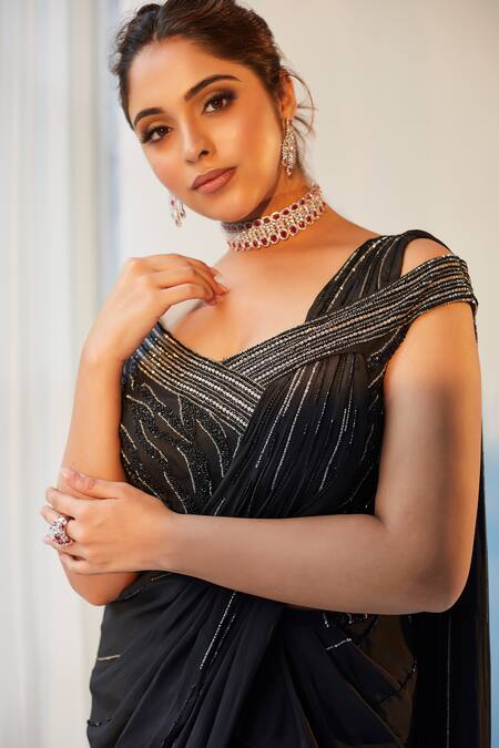 Label Rsd Black Mesh Hand Embroidered Sequins Off Shoulder Saree Gown Online at Aza Fashions Label Rsd_Black Mesh Hand Embroidered Sequins Off Shoulder Saree Gown_Online_at_Aza_Fashions