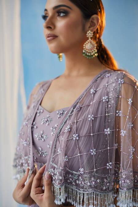 Label Rsd_Purple Lehenga Saree And Blouse Georgette Hand Embroidered Pre-draped Set_Online_at_Aza_Fashions