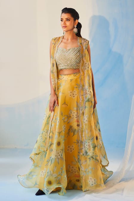 Label RSD Yellow Cape And Skirt Organza Hand Embroidered Glass Beads Sweetheart Set 