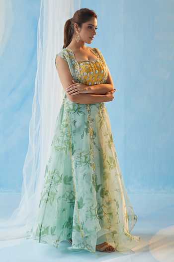 Label Rsd Green Cape And Skirt Organza Hand Embroidered Sequins Sweetheart Set 5