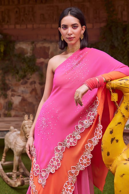 Label Rsd_Pink Lycra, Organza Embroidery, Sequins, Pearls One Shoulder Cape Skirt Set_Online_at_Aza_Fashions