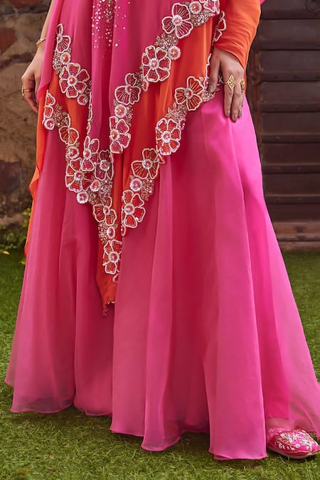 Buy_Label Rsd_Pink Lycra, Organza Embroidery, Sequins, Pearls One Shoulder Cape Skirt Set_Online_at_Aza_Fashions