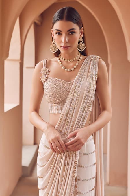 Label Rsd Pink Blouse Satin Organza Embellished Geometric Chevron Pre-draped Saree With Online at Aza Fashions Label Rsd_Pink Blouse Satin Organza Embellished Geometric Chevron Pre-draped Saree With_Online_at_Aza_Fashions