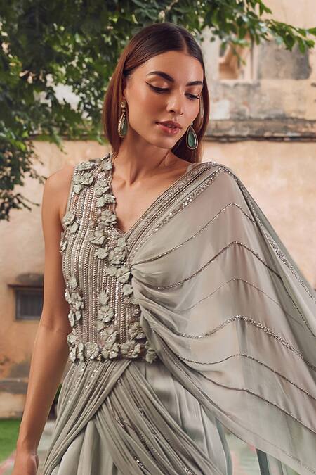 Label Rsd Blue Bodice And Belt Mesh Embellished Bugle Beads Sequin Draped Saree Gown Online at Aza Fashions Label Rsd_Blue Bodice And Belt Mesh Embellished Bugle Beads Sequin Draped Saree Gown_Online_at_Aza_Fashions