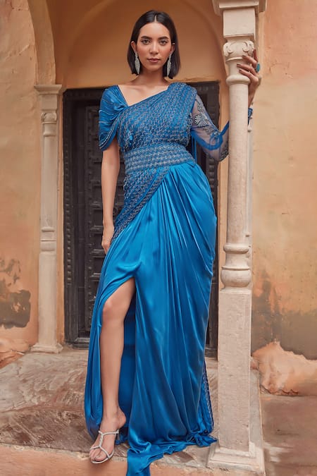 Label RSD Blue Bodice Mesh Embellished Bugle Beads Asymmetric Saree Gown 