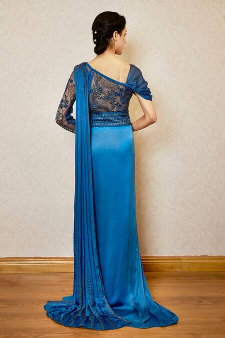 Shop_Label Rsd_Blue Bodice Mesh Embellished Bugle Beads Asymmetric Saree Gown _at_Aza_Fashions