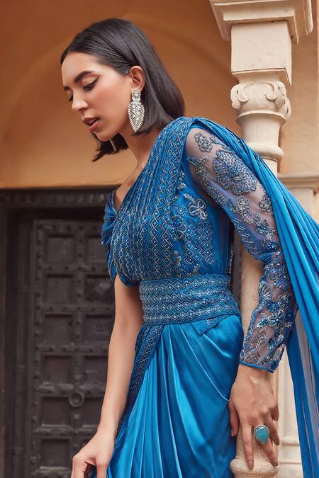Label Rsd_Blue Bodice Mesh Embellished Bugle Beads Asymmetric Saree Gown _Online_at_Aza_Fashions