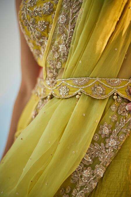 Buy_Label Rsd_Yellow Blouse And Belt Raw Silk Embellished Sequin Sweetheart Border Lehenga Set_Online_at_Aza_Fashions