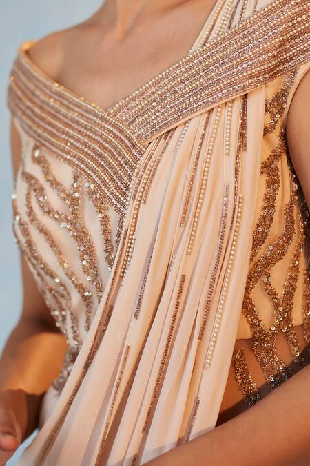 Label Rsd Pink Bodice Mesh Embellished Bugle Beads Boat Sequin Draped Saree Gown Online at Aza Fashions Label Rsd_Pink Bodice Mesh Embellished Bugle Beads Boat Sequin Draped Saree Gown_Online_at_Aza_Fashions