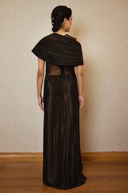 Shop Label Rsd Black Crepe, Satin, Silk Sequins, Beads Round Neck Embellished Draped Saree Gown at Aza Fashions Shop_Label Rsd_Black Crepe, Satin, Silk Sequins, Beads Round Neck Embellished Draped Saree Gown_at_Aza_Fashions