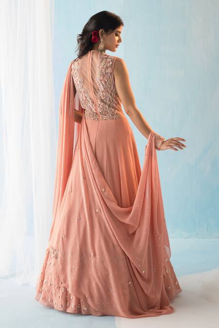 Shop Label Rsd Pink Georgette, Satin Pearls, Sequins Round Neck Floral Embellished Saree Gown at Aza Fashions Shop_Label Rsd_Pink Georgette, Satin Pearls, Sequins Round Neck Floral Embellished Saree Gown_at_Aza_Fashions