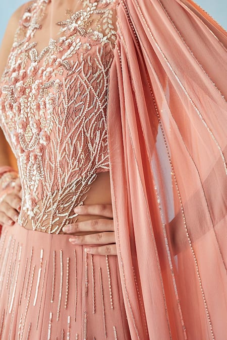 Label Rsd Pink Georgette, Satin Pearls, Sequins Round Neck Floral Embellished Saree Gown Online at Aza Fashions Label Rsd_Pink Georgette, Satin Pearls, Sequins Round Neck Floral Embellished Saree Gown_Online_at_Aza_Fashions