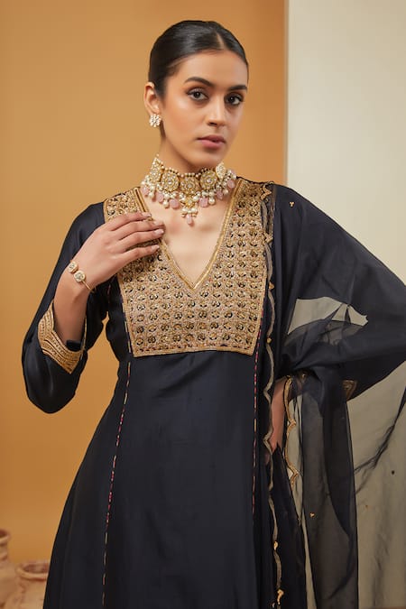 Buy Neha Khullar Black Chanderi Silk, Organza, Crepe Embroidery, Zari Straight Kurta Pant Set Online at Aza Fashions Buy_Neha Khullar_Black Chanderi Silk, Organza, Crepe Embroidery, Zari Straight Kurta Pant Set _Online_at_Aza_Fashions