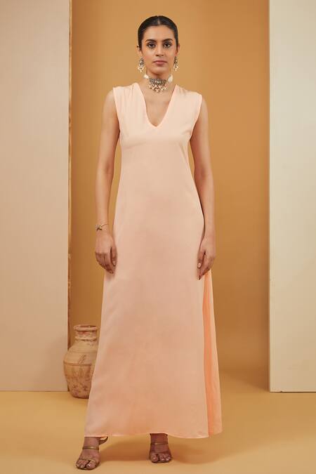 Neha Khullar_Orange Crepe, Viscose Embroidery V-neck Geometric Print Kaftan _Online_at_Aza_Fashions