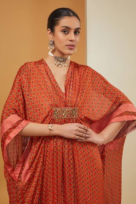 Buy_Neha Khullar_Orange Crepe, Viscose Embroidery V-neck Geometric Print Kaftan _Online_at_Aza_Fashions
