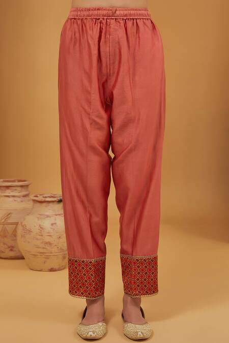 Neha Khullar_Orange Organza, Chanderi Silk, Cotton Placement A-line Kurta Pant Set _Online_at_Aza_Fashions